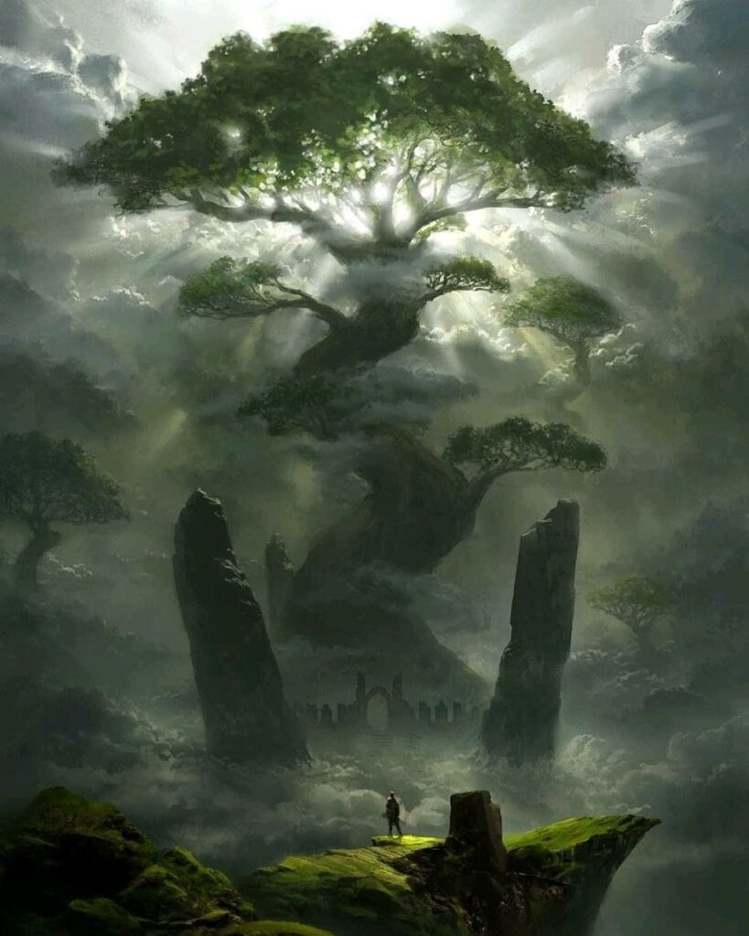 Yggdrasil tree painting with a man standing infront of it
