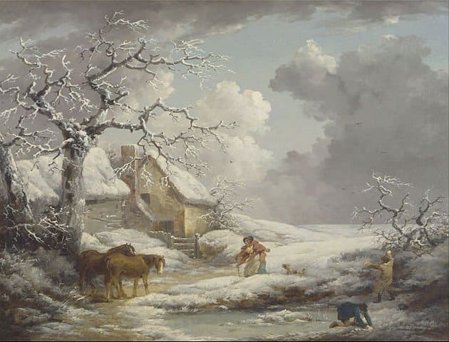 An art showing people and animals in snow