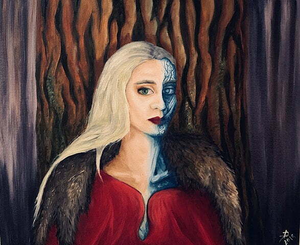 A portrait of Hel, Queen of the Dead on of the children of Loki.