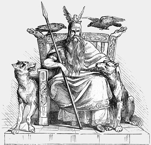 Odin leader of the Norse gods sitting on his throne with his two wolves beside him