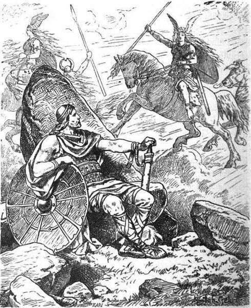Helgi Hunding's Bane looks on as Sigrun raises her spear