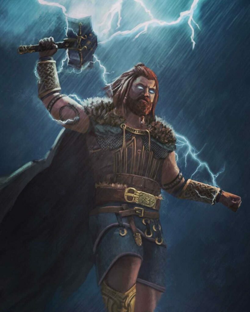 The Norse God Thor holding the hammer in his right arm