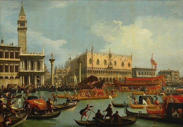 A painting of a palace along a water body.