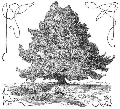 The world tree Yggdrasil. At the foot of the tree is a well, which is presumably Urðarbrunnr