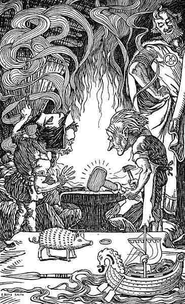 The dwarves Sons of Ivaldi forging the hammer Mjollnir.