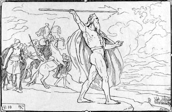 Odin throws a spear at the Vanir host in the Æsir-Vanir war.