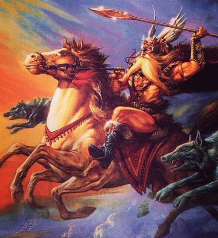 Odin fighting while riding on his horse