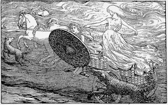 The chariot of Sunna being chased by wolves.