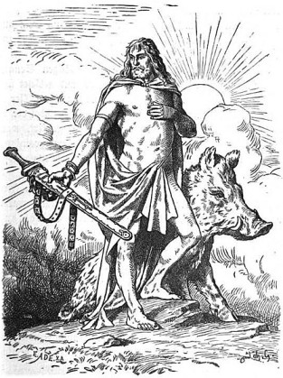 Feyr standing with his boar.