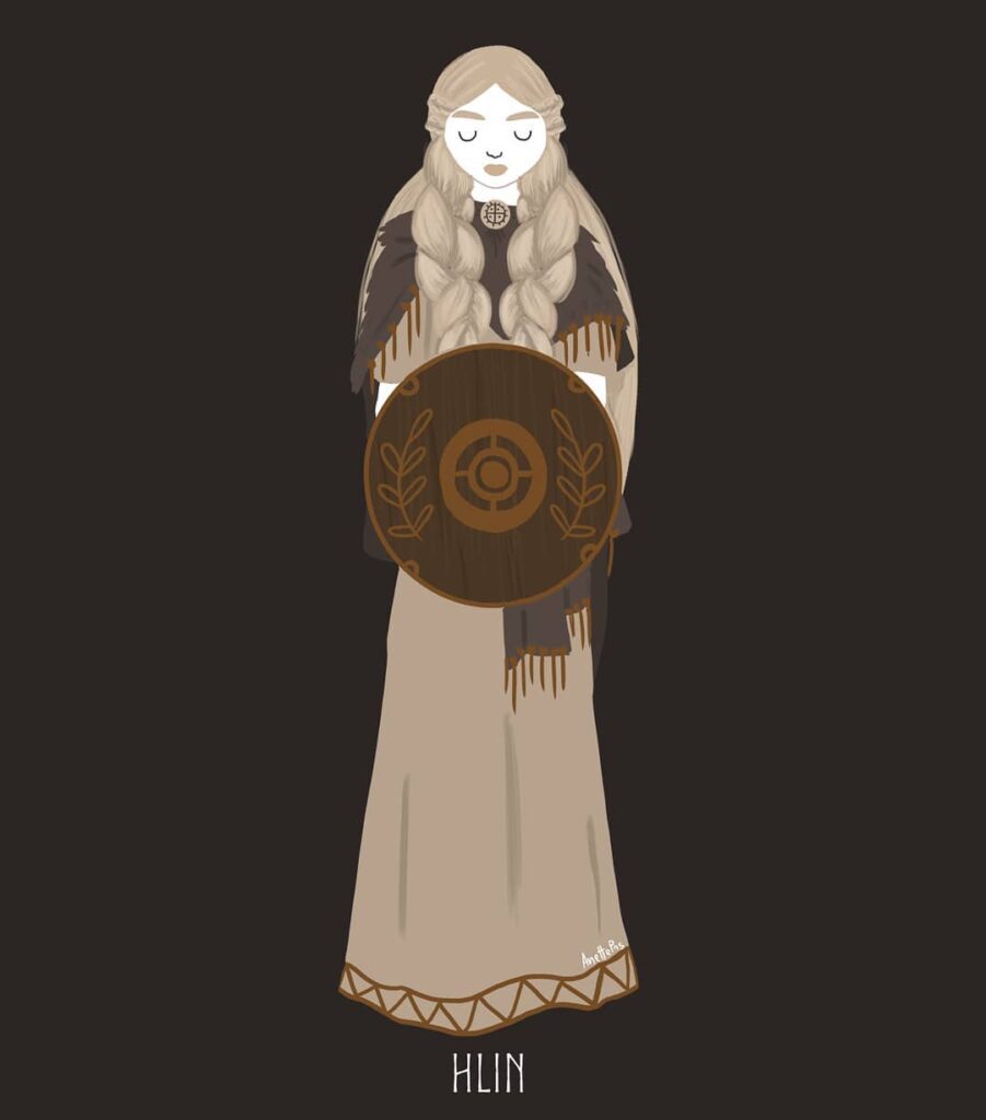 A picture of Hlin with shield in her hands.