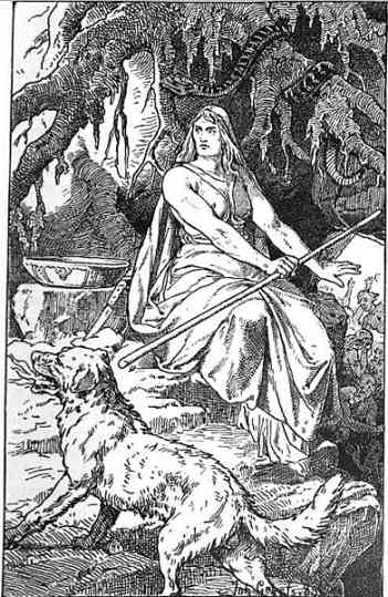 Hel, the female being, holding a staff, and flanked by the hound Garmr.