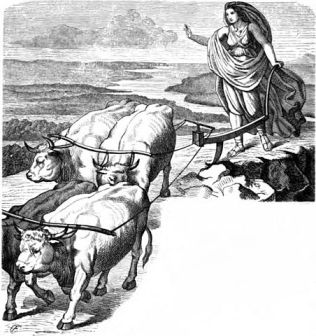 Gefjun Plows Zealand with her Oxen.