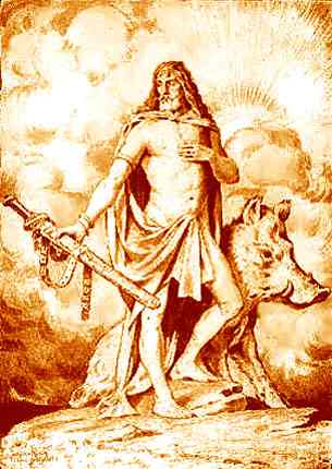 Freyr standing with his boar.