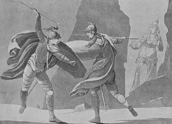 Balder and Hother fight while Nanna watches. A scene from Ewald's 1775 play, Balders død. Act I, Scene 8.
