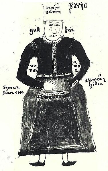 An illustration of the Norse goddess Freyja, from an Icelandic 17th century manuscript. A scan of a black and white photography.