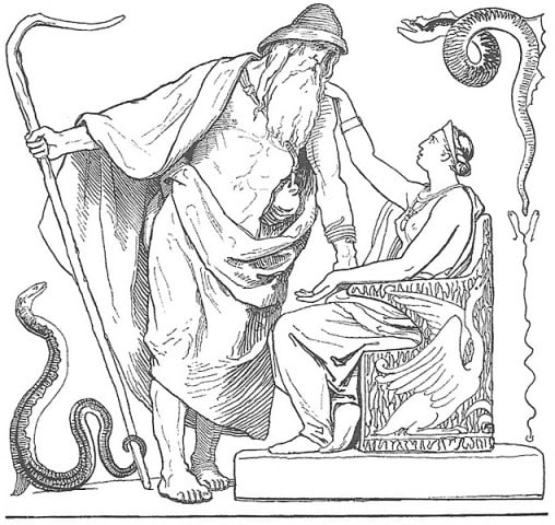 The god Odin and his wife, the goddess Frigg, from the beginning of the poem Vafþrúðnismál (1895) by Lorenz Frølich