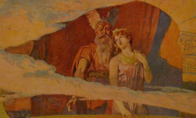 Odin and Frigg look down from their window in the heavens to the Winnili women in an illustration by Emil Doepler, 1905