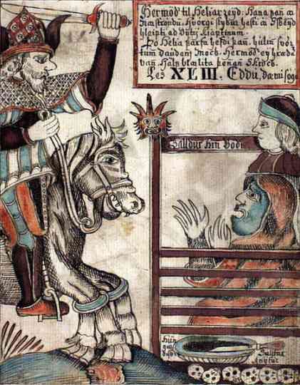 An illustration of Hermóðr riding to Baldr in Hel, from an Icelandic 18th century manuscript.