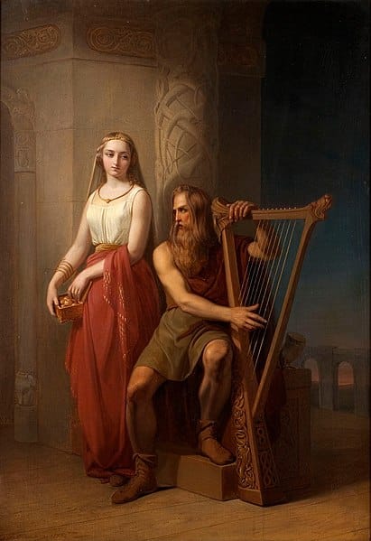 Bragi is shown with a harp and accompanied by his wife Iðunn in this 19th-century painting by Nils Blommér.