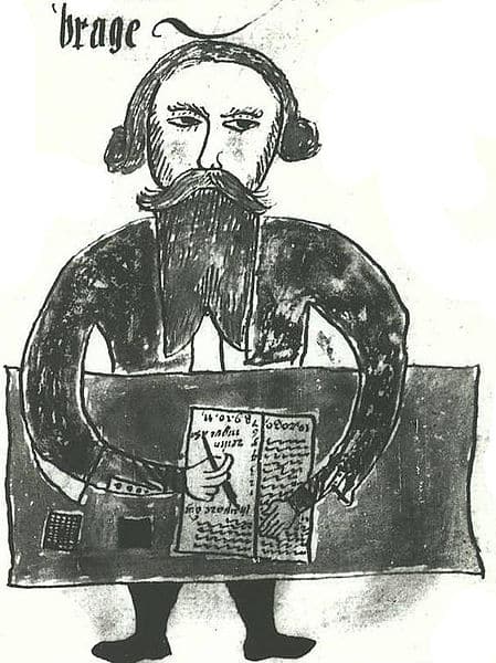 An illustration of the Norse god Bragi, from an Icelandic 17th century manuscript. A scan of a black and white photography.