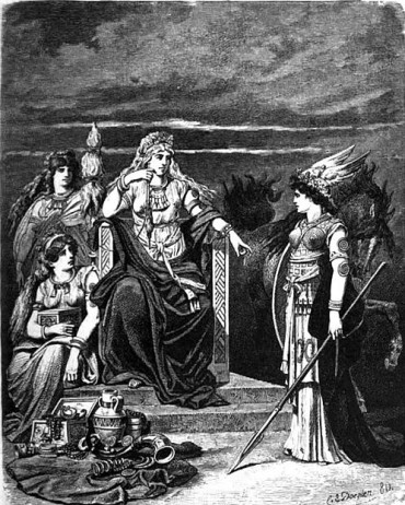 Frigg sits enthroned and facing the spear-wielding goddess Gná, flanked by two goddesses, one of whom (Fulla) carries her eski, a wooden box. Illustrated (1882) by Carl Emil Doepler