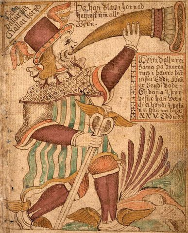 An illustration of the Norse god Heimdallr, here equated to the Roman god Mercurius, with Gjallarhorn; from an Icelandic 18th century manuscript.