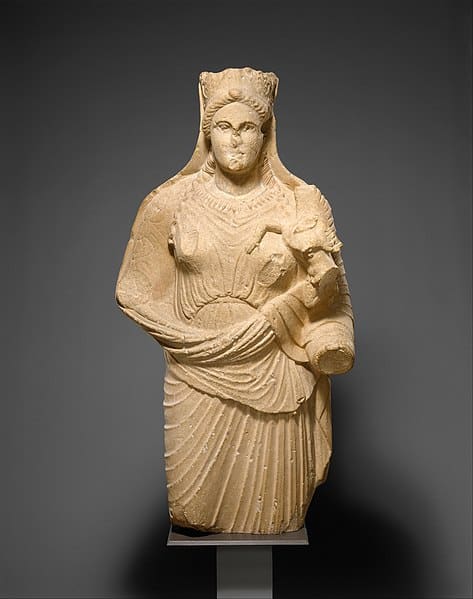 Limestone statue of Aphrodite holding winged Eros, Cypriot (MET, 74.51.2464)