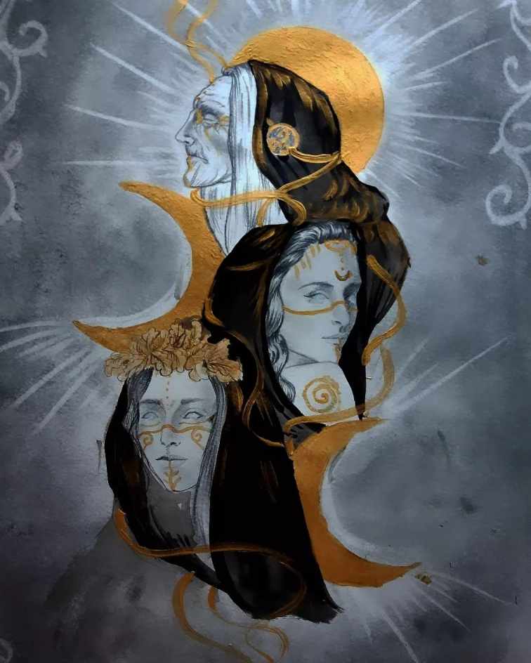 A painting of Norns with sun and moon in the background.