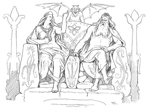 The goddess Frigg and her husband, the god Odin, sit in Hliðskjálf and gaze into "all worlds" and make a wager as described in Grímnismál in an illustration by Lorenz Frølich, 1895