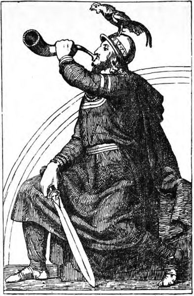 The cock Gullinkambi atop his head and the burning rainbow bridge Bifröst in the background, Heimdall blows into Gjallarhorn while holding a sword with a man's face on it (a reference to the "man's head" kenning). Illustration (1907) by J. T. Lundbye.