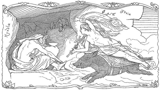 The goddess Freyja with her boar Hildisvíni go to see Hyndla, as attested in Hyndluljóð. Image appears as an illustration for Hyndluljóð.