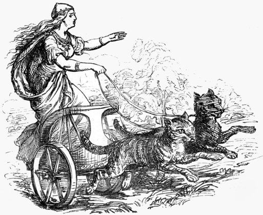 The goddess Freyja, riding in her cat-pulled wagon