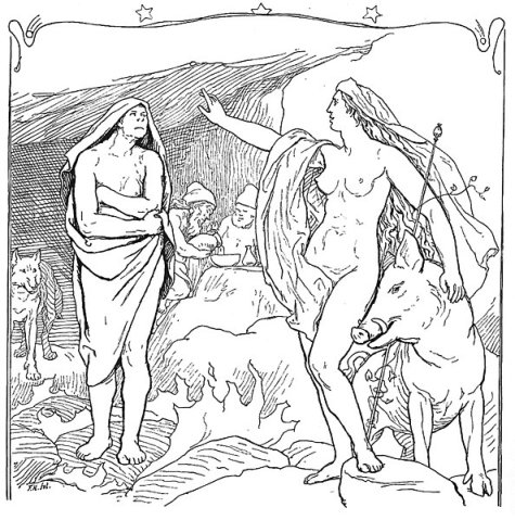 The goddess Freyja is nuzzled by her boar Hildisvíni while gesturing to Hyndla, as attested in Hyndluljóð. Image appears as an illustration for Hyndluljóð.
