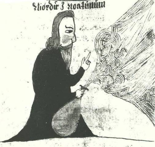 An illustration of the Norse god Njörðr, from an Icelandic 17th century manuscript. A scan of a black and white photography.