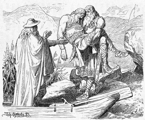 Sigmundur carries the body of his son Sinfjötli to the arms of Óðinn