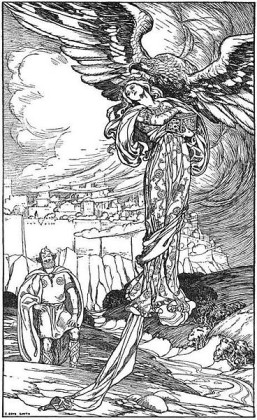 He flapped away with her, magic apples and all" by Elmer Boyd Smith. The jötunn Þjazi, in the form of an eagle, abducts the goddess Iðunn.
