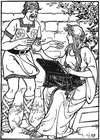 The goddess Iðunn hands Loki an apple from her eski