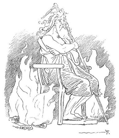 Odin in the guise of "Grímnir," growing concerned at the growing flames.