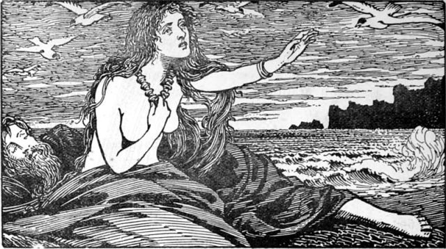 An illustration to the Edda. The list of illustrations in the front matter of the book gives this one the title Skadi's longing for the Mountains.