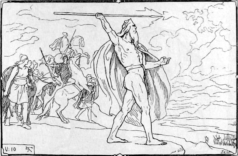 Óðinn throws his spear at the Vanir host in an illustration by Lorenz Frølich (1895)