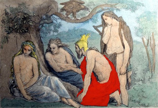 From left to right: Iðunn, Loki, Heimdallr and Bragi. Illustration of a scene from the poem Hrafnagaldr Óðins.