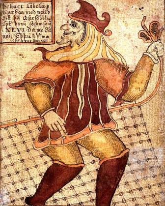 Loki with a fishing net (per Reginsmál) as depicted on an 18th-century Icelandic manuscript (SÁM 66)