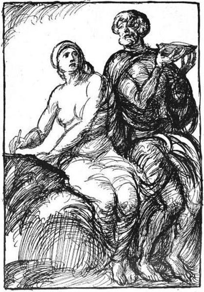 Sága records while Odin dictates in an illustration (1919) by Robert Engels.