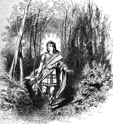 Váli, holding a bow, travelling through a forest.