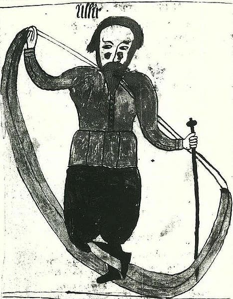 An illustration of the Norse god Ullr, from an Icelandic 17th century manuscript. A scan of a black and white photography.