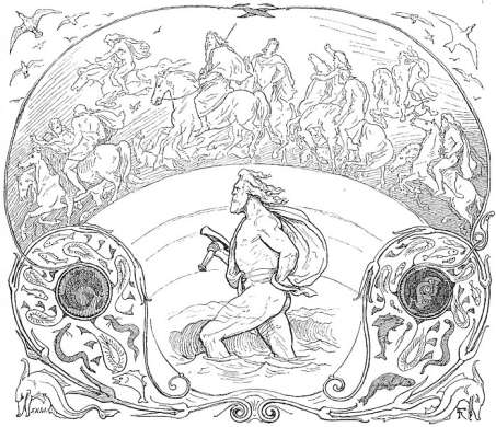 Thor wades through a river while the Æsir ride across the bridge Bifröst, by Frølich (1895)