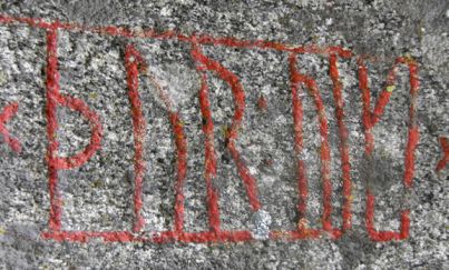 Runes (᛭ᚦᚢᚱ᛬ᚢᛁᚴᛁ᛭) × þur : uiki × on the Velanda Runestone, Sweden, meaning "may Þórr hallow".