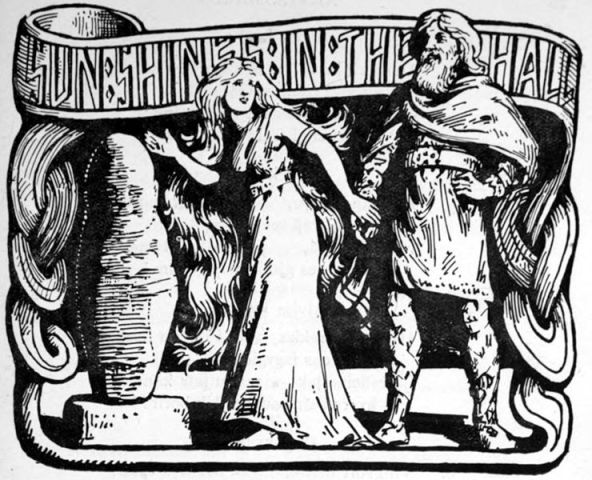 Sun Shines in the Hall (1908) by W.G. Collingwood: Thor clasps his daughter's hand and chuckles at the "all-wise" dwarf, whom he has outwitted
