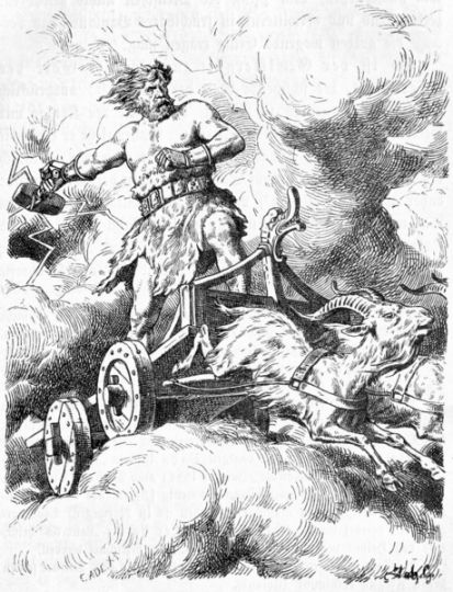 Thor on his wagon being pulled by the goats Tanngnjóstur and Tanngrisnir with the hammer Mjölnir in his hand.