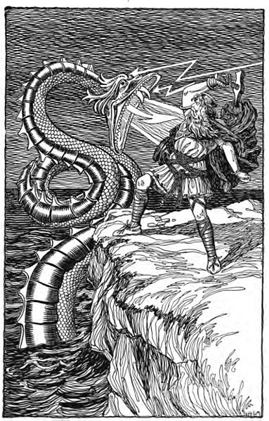Thor Fighting the Serpent. Thor brandishes his hammer at Jörmungandr.
